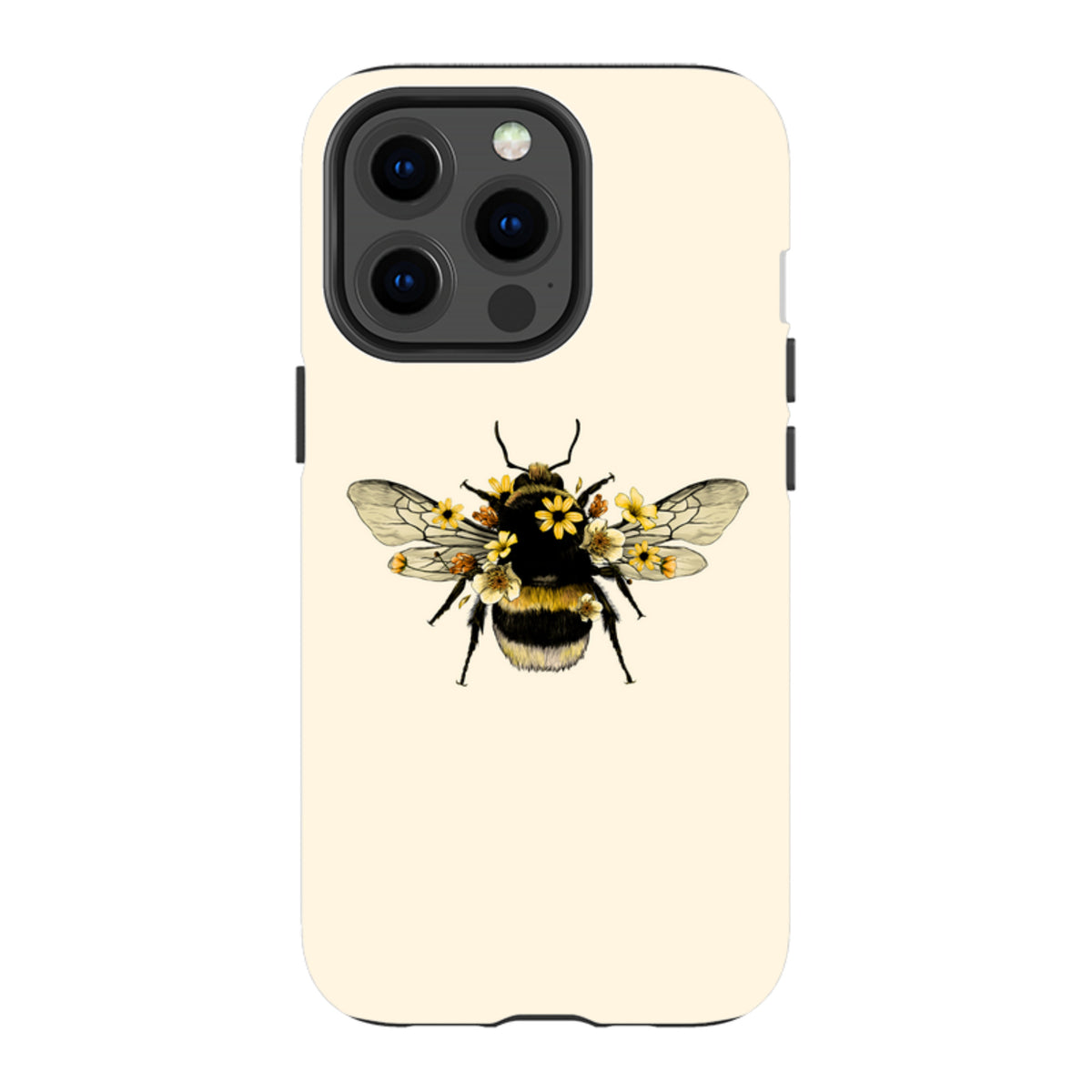 Cream-colored iPhone tough case featuring a detailed bumblebee illustration adorned with small yellow flowers.