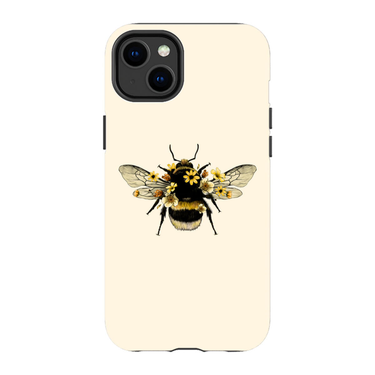 Cream-colored iPhone tough case featuring a detailed bumblebee illustration adorned with small yellow flowers.