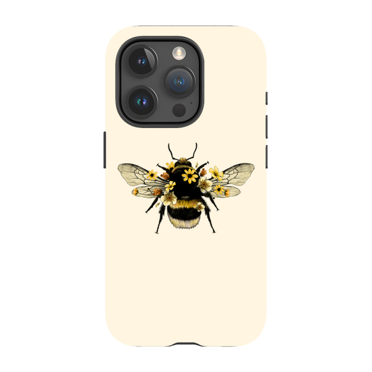 Cream-colored iPhone tough case featuring a detailed illustration of a bumblebee adorned with delicate yellow flowers.
