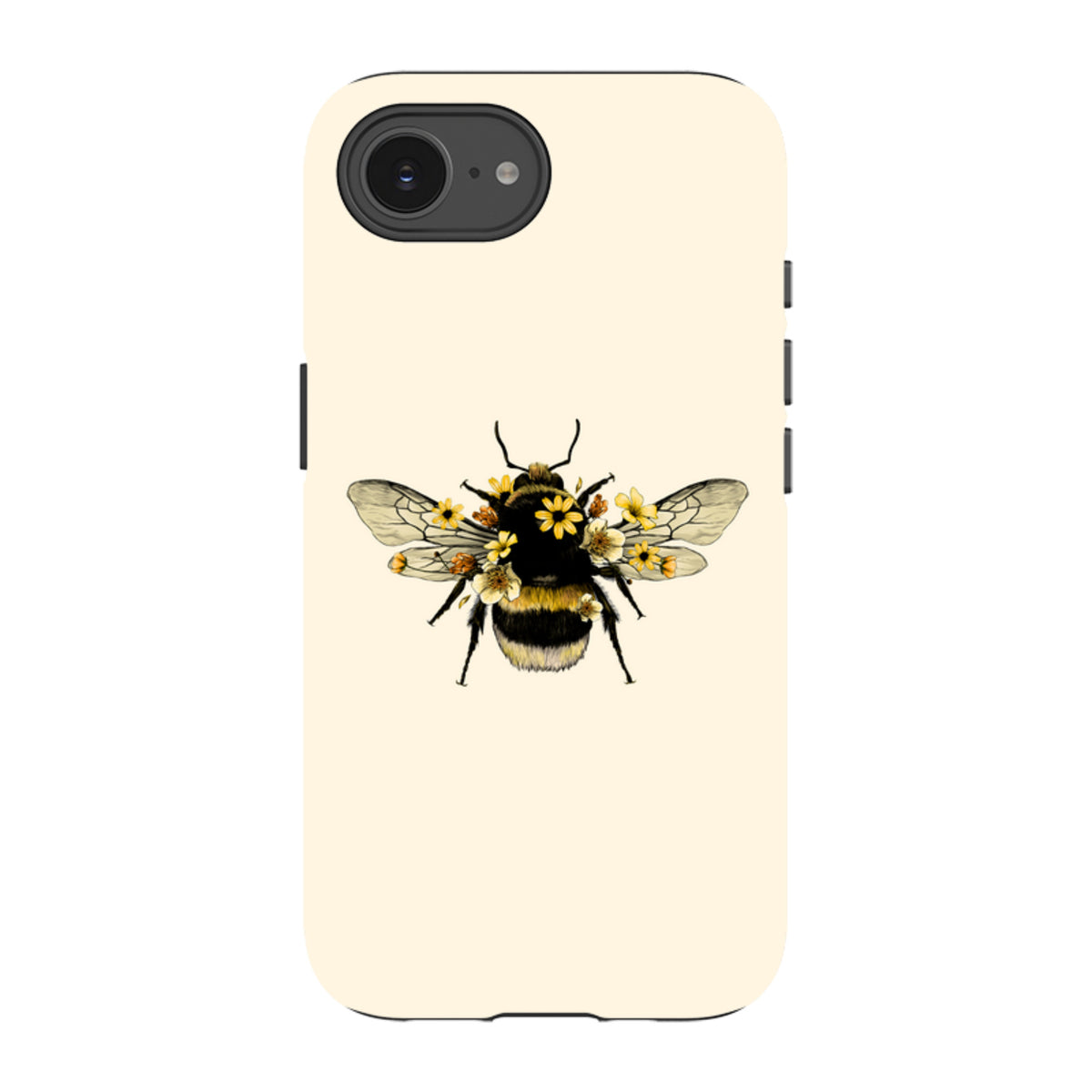Cream-colored iPhone tough case featuring a detailed illustration of a bumblebee adorned with small yellow flowers.