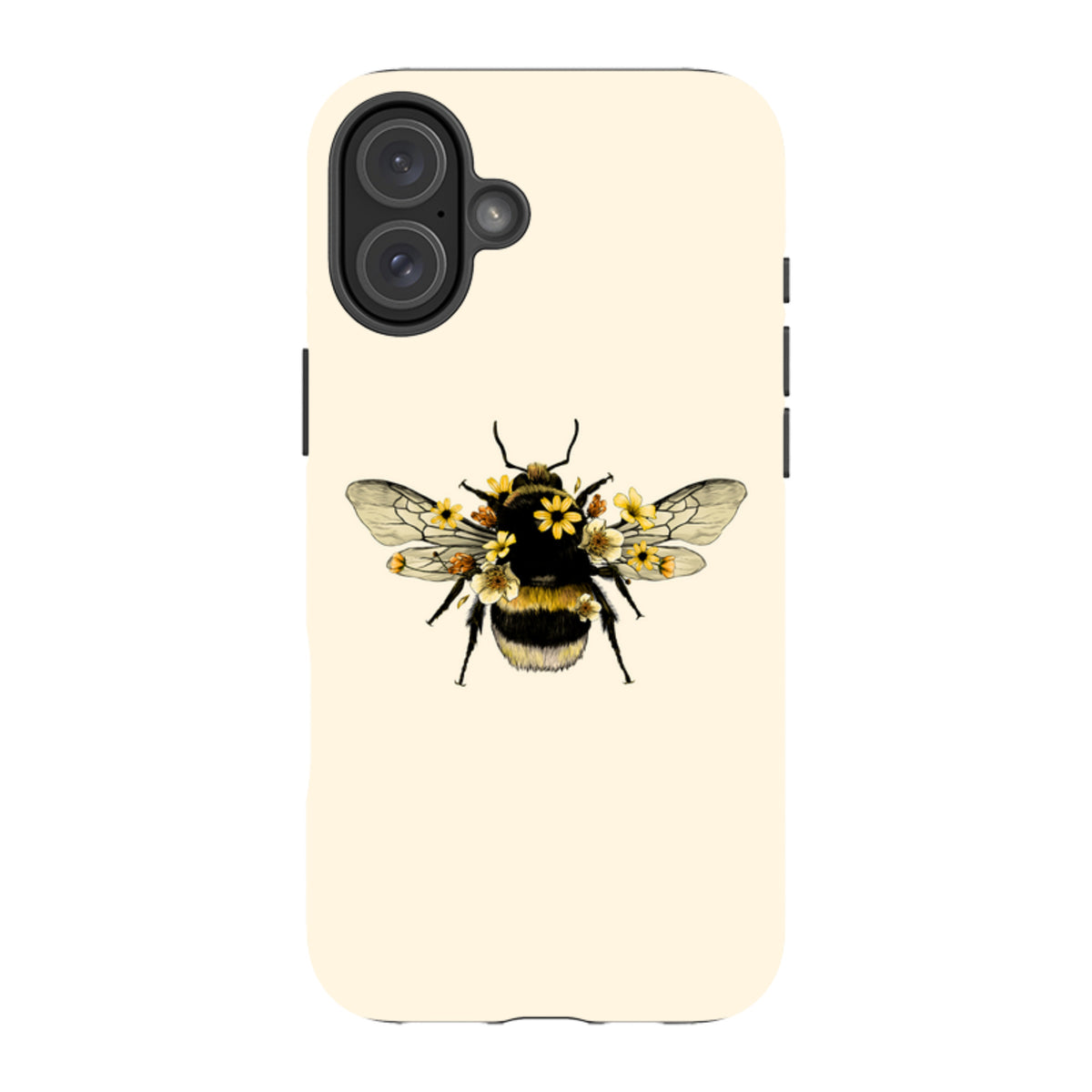 Cream-colored iPhone tough case featuring a detailed illustration of a bumblebee adorned with small yellow flowers.