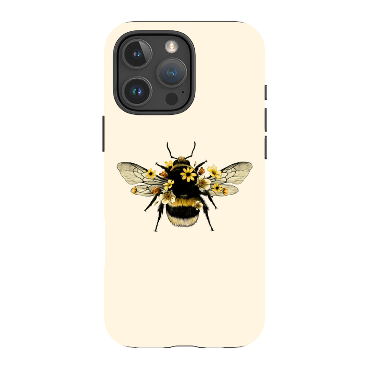 Cream-colored iPhone tough case featuring a detailed bumblebee illustration adorned with small yellow flowers.