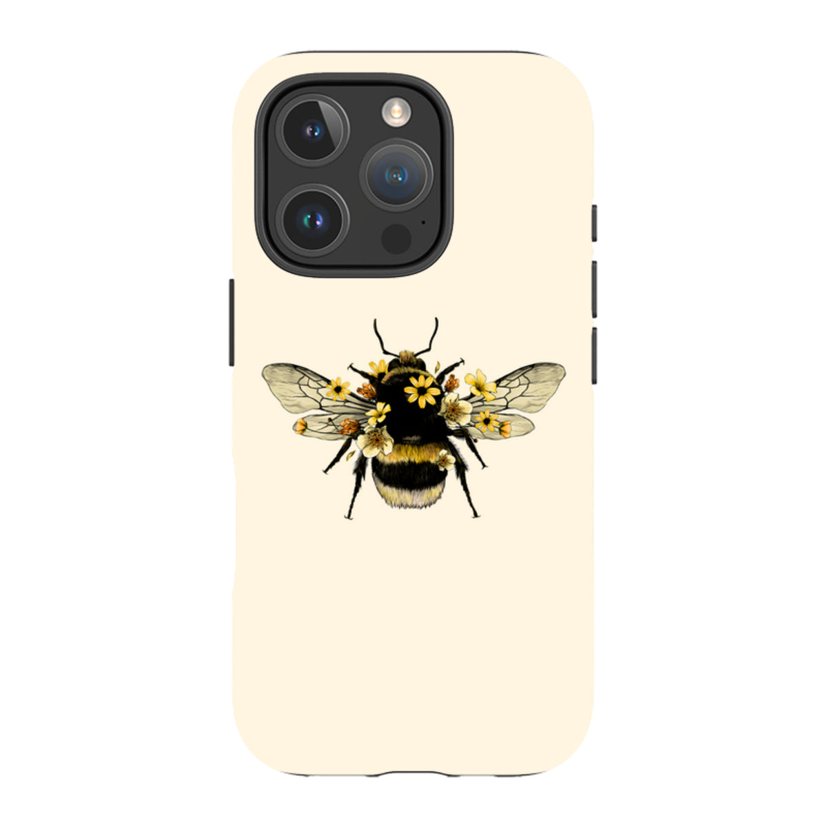 Cream-colored iPhone tough case featuring a detailed bumblebee illustration adorned with small yellow flowers.