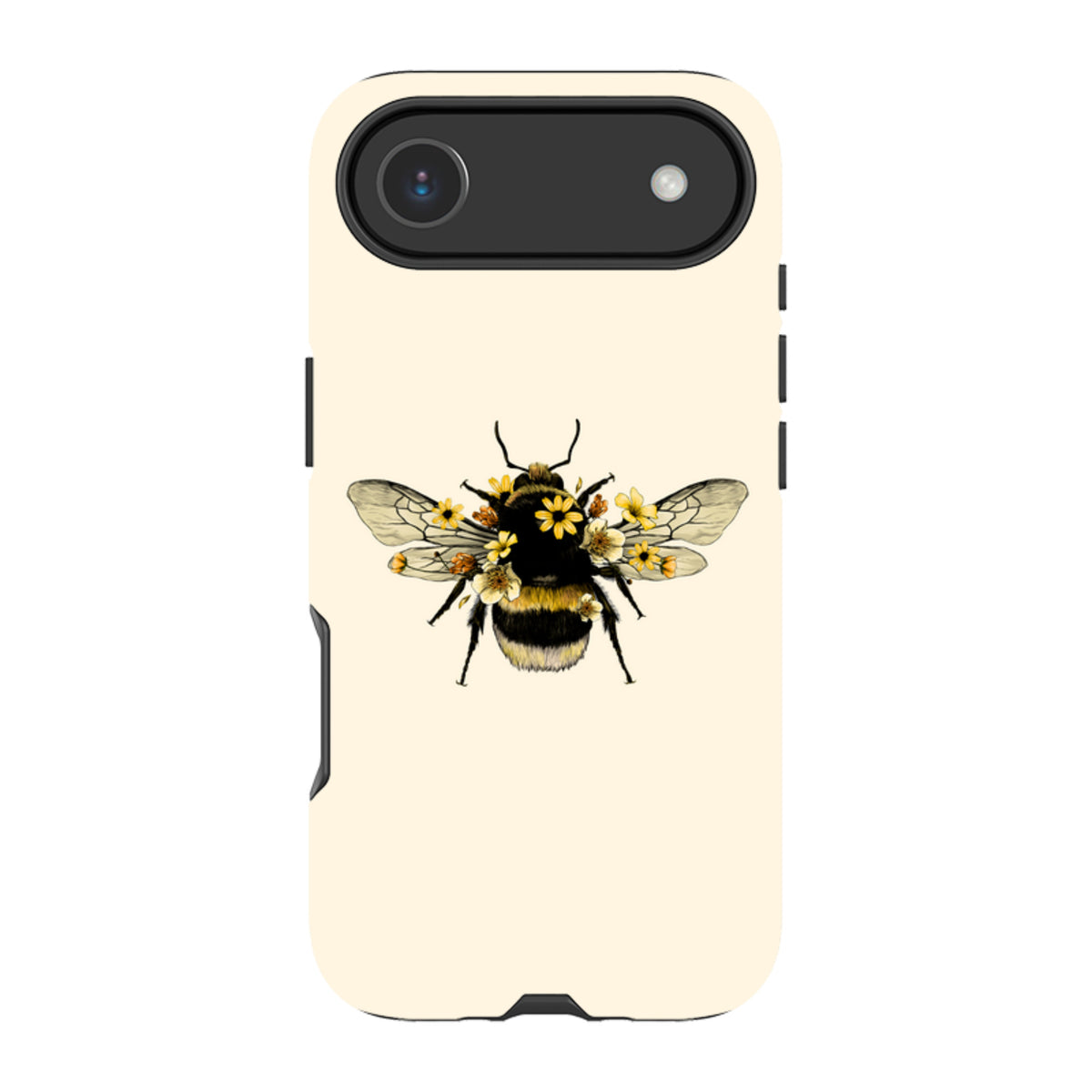 Cream-colored dual-layer iPhone tough case featuring a detailed bumblebee illustration adorned with small yellow flowers.
