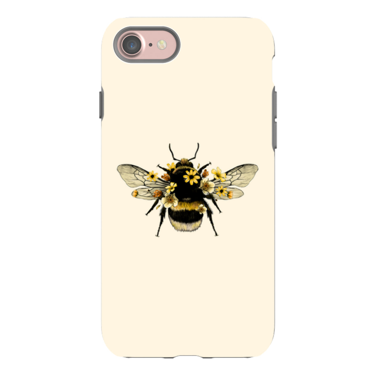 Cream-colored iPhone tough case featuring a detailed illustration of a bumblebee adorned with small yellow flowers.