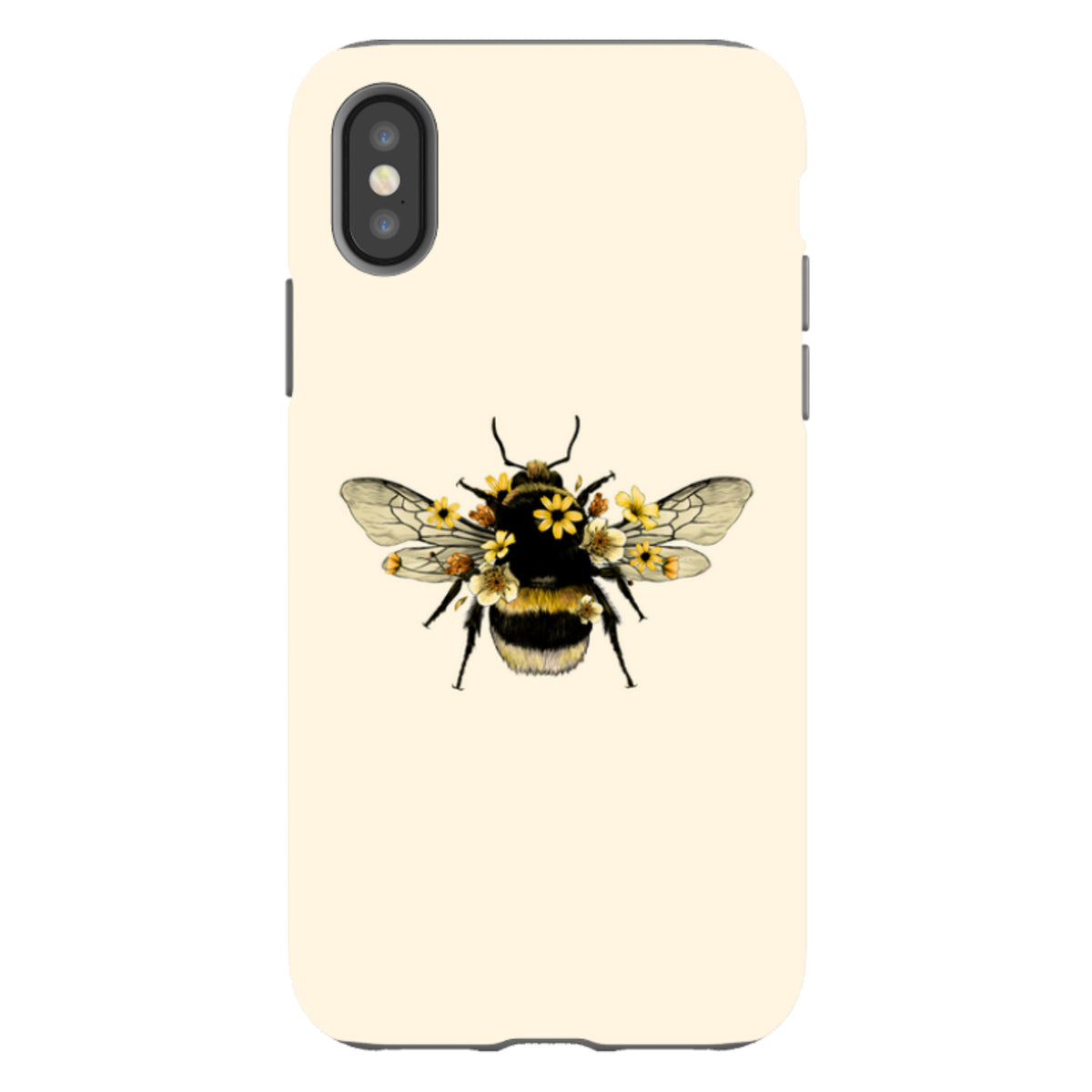 Cream-colored iPhone tough case featuring a detailed illustration of a bumblebee adorned with small yellow flowers.