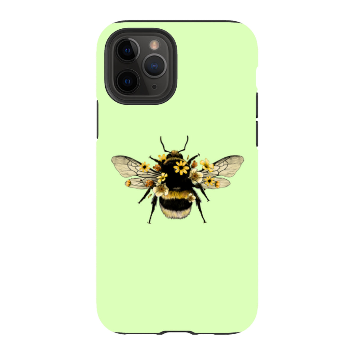 Mint green iPhone tough case featuring a detailed bumblebee illustration adorned with small yellow flowers.