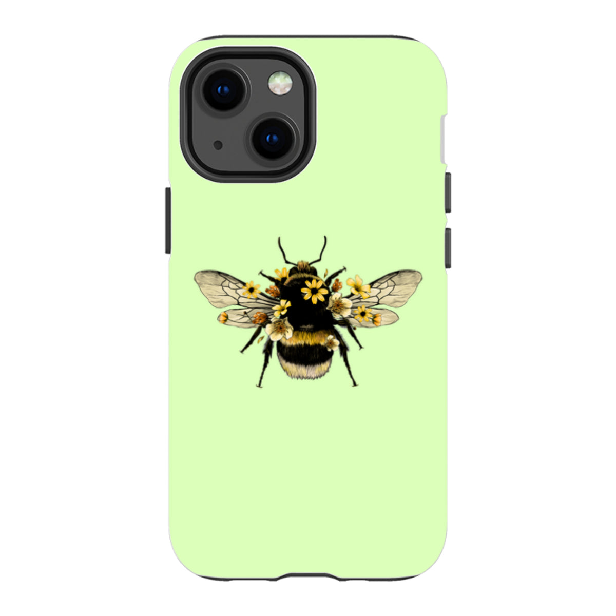 Mint green iPhone tough case featuring a detailed bumblebee illustration adorned with small yellow flowers.