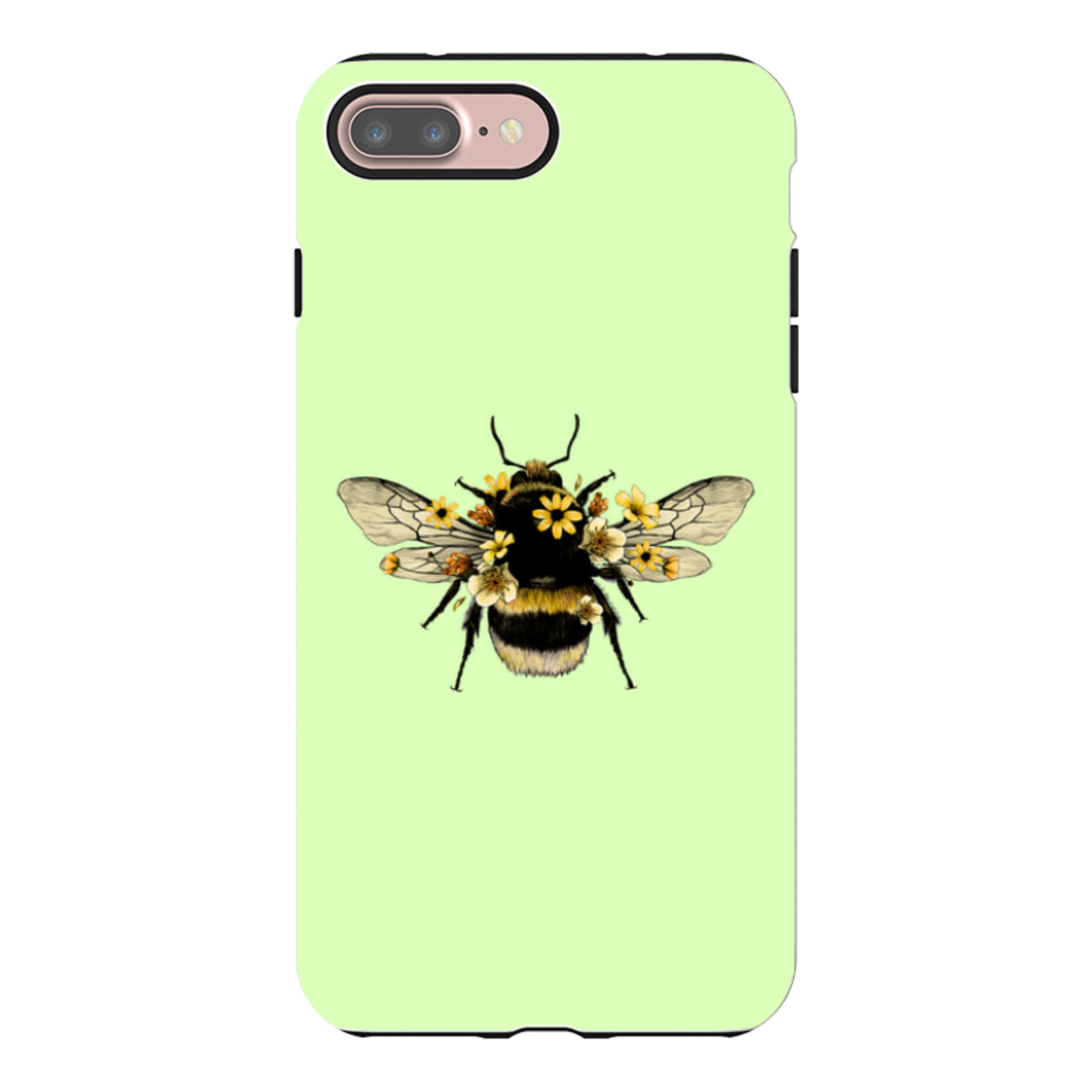 Mint green iPhone tough case featuring a detailed bumblebee illustration adorned with small yellow flowers.
