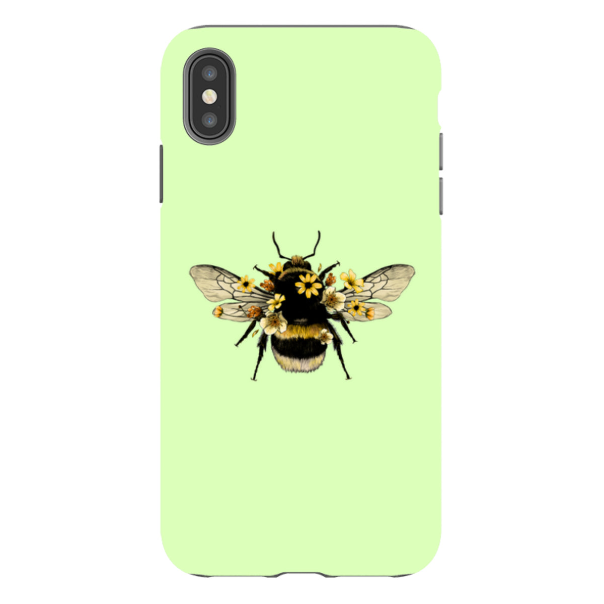 Mint green iPhone tough case featuring a detailed bumblebee illustration adorned with small yellow flowers.