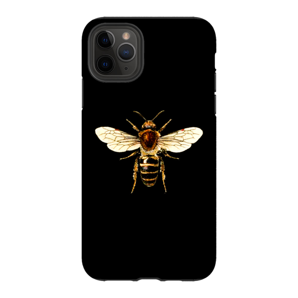 Black iPhone tough case featuring a detailed, high-definition honeybee illustration with spread wings.