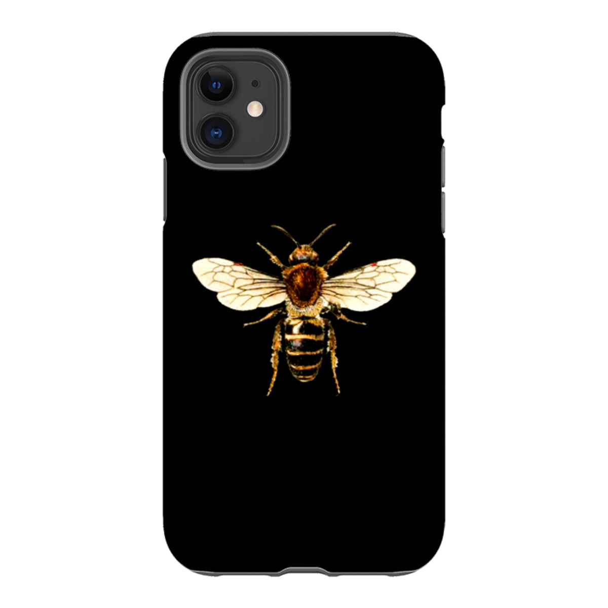 Black iPhone tough case featuring a detailed, high-definition honeybee illustration centered on the back.
