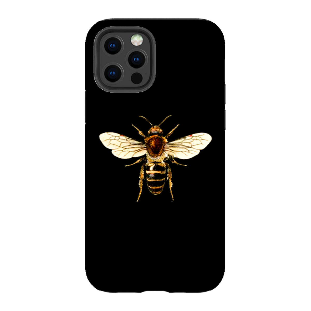 Black dual-layer iPhone tough case featuring a detailed, high-definition honeybee illustration centered on the back.