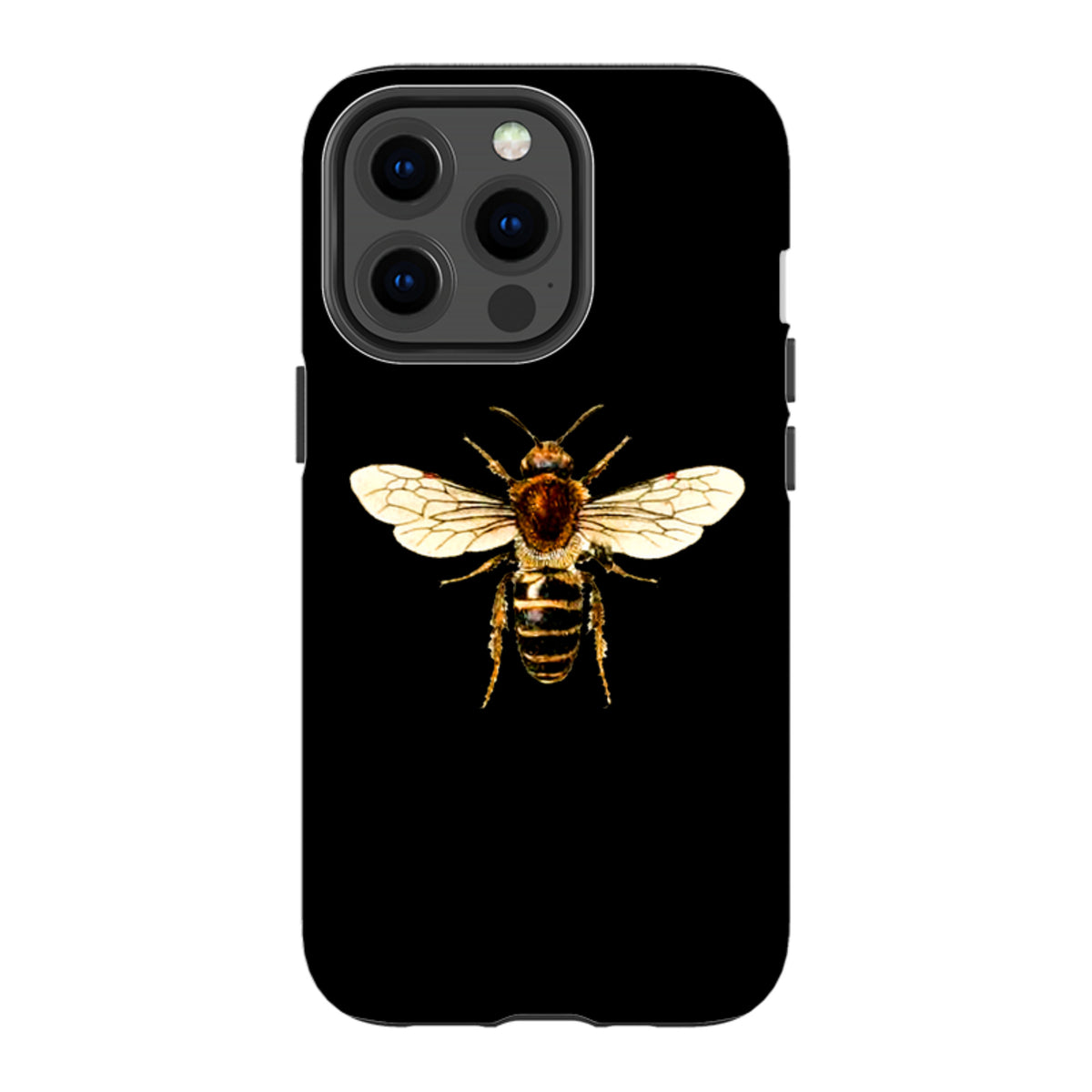 Black iPhone tough case featuring a detailed, high-definition honeybee illustration centered on the back.