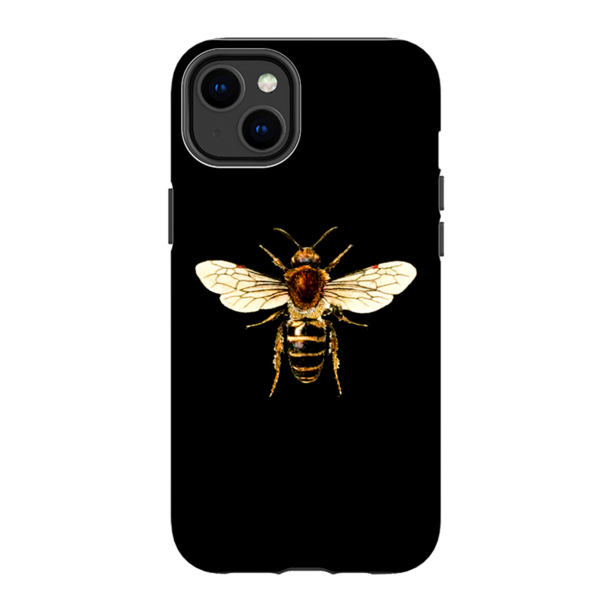Black iPhone tough case featuring a detailed, high-definition honeybee illustration with spread wings.