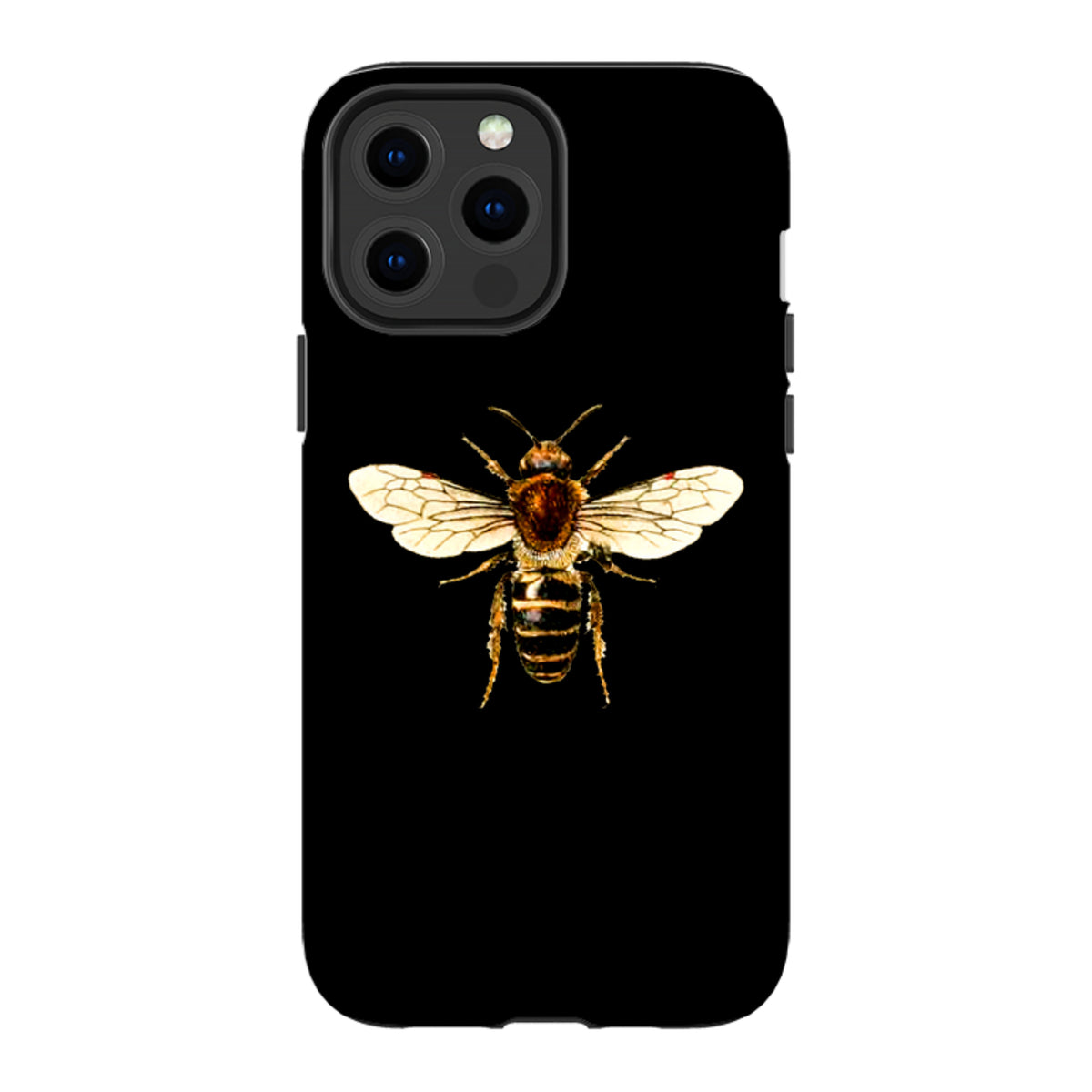 Black iPhone tough case featuring a detailed, high-definition honeybee illustration with dual-layer protective design.