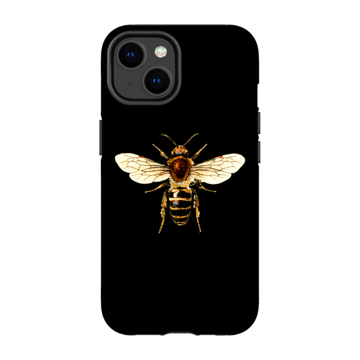 Black iPhone tough case featuring a detailed, high-definition honeybee illustration with dual-layer protective design.