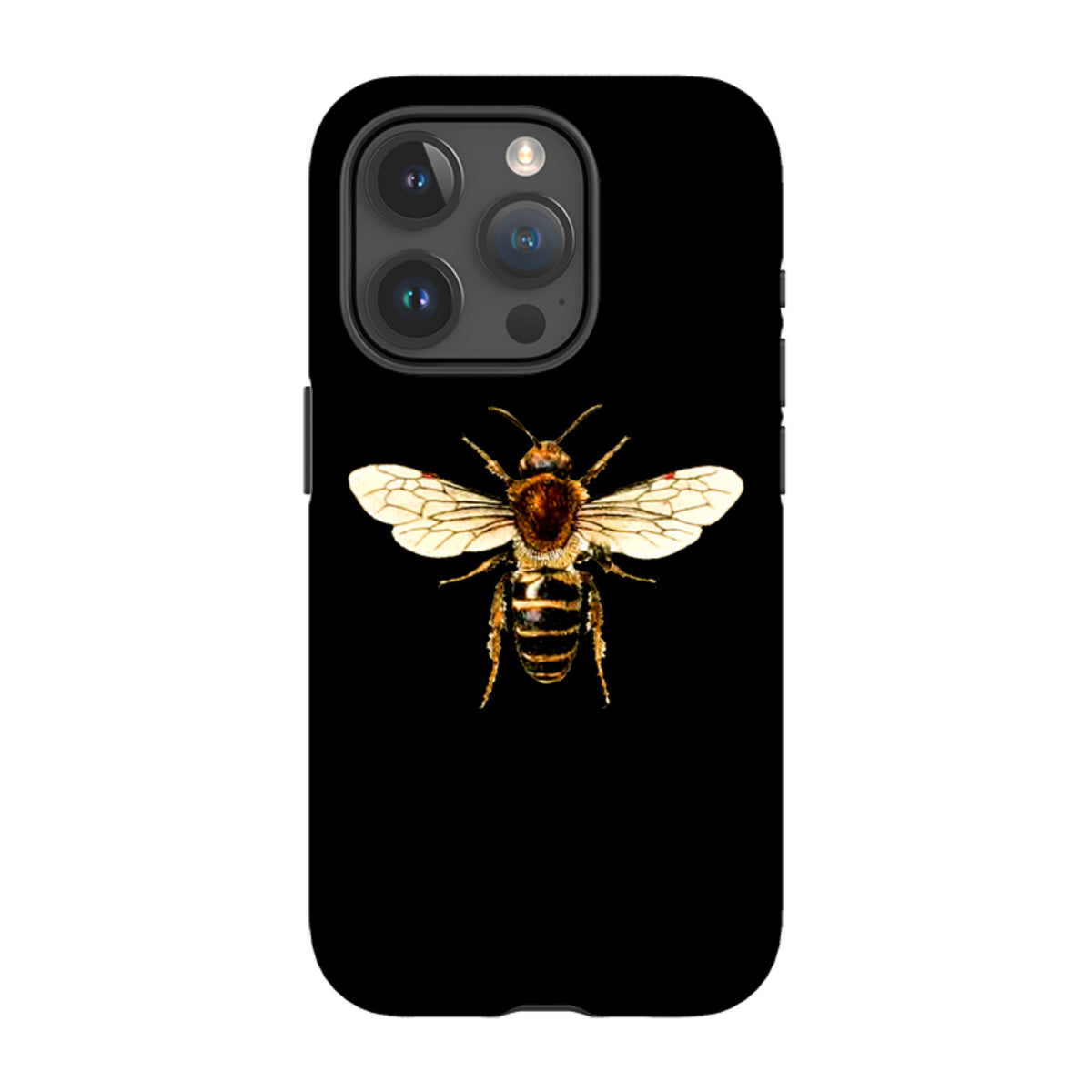 Black iPhone tough case featuring a detailed, high-definition honeybee illustration centered on the back.
