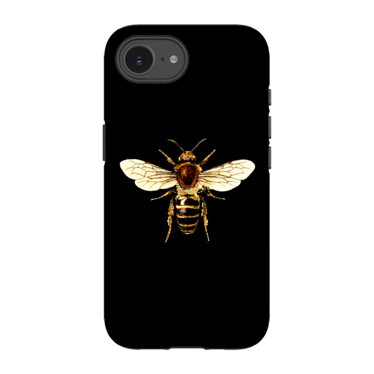 Black dual-layer iPhone tough case featuring a detailed, high-definition honeybee illustration centered on the back.