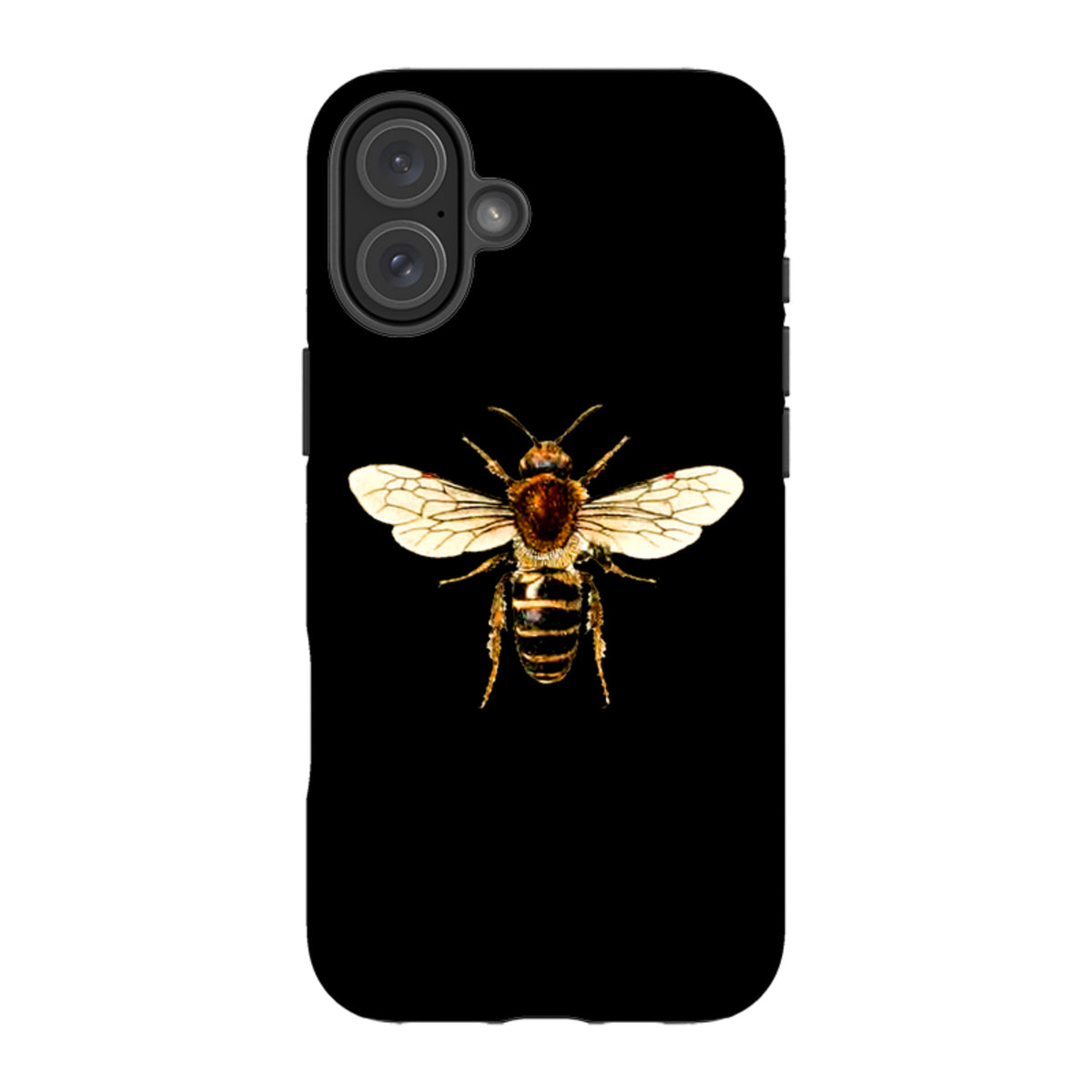Black dual-layer iPhone tough case featuring a detailed, high-definition honeybee illustration on the back.