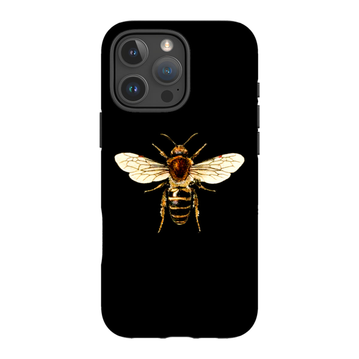 Black iPhone tough case featuring a detailed, high-definition honeybee illustration centered on the back.