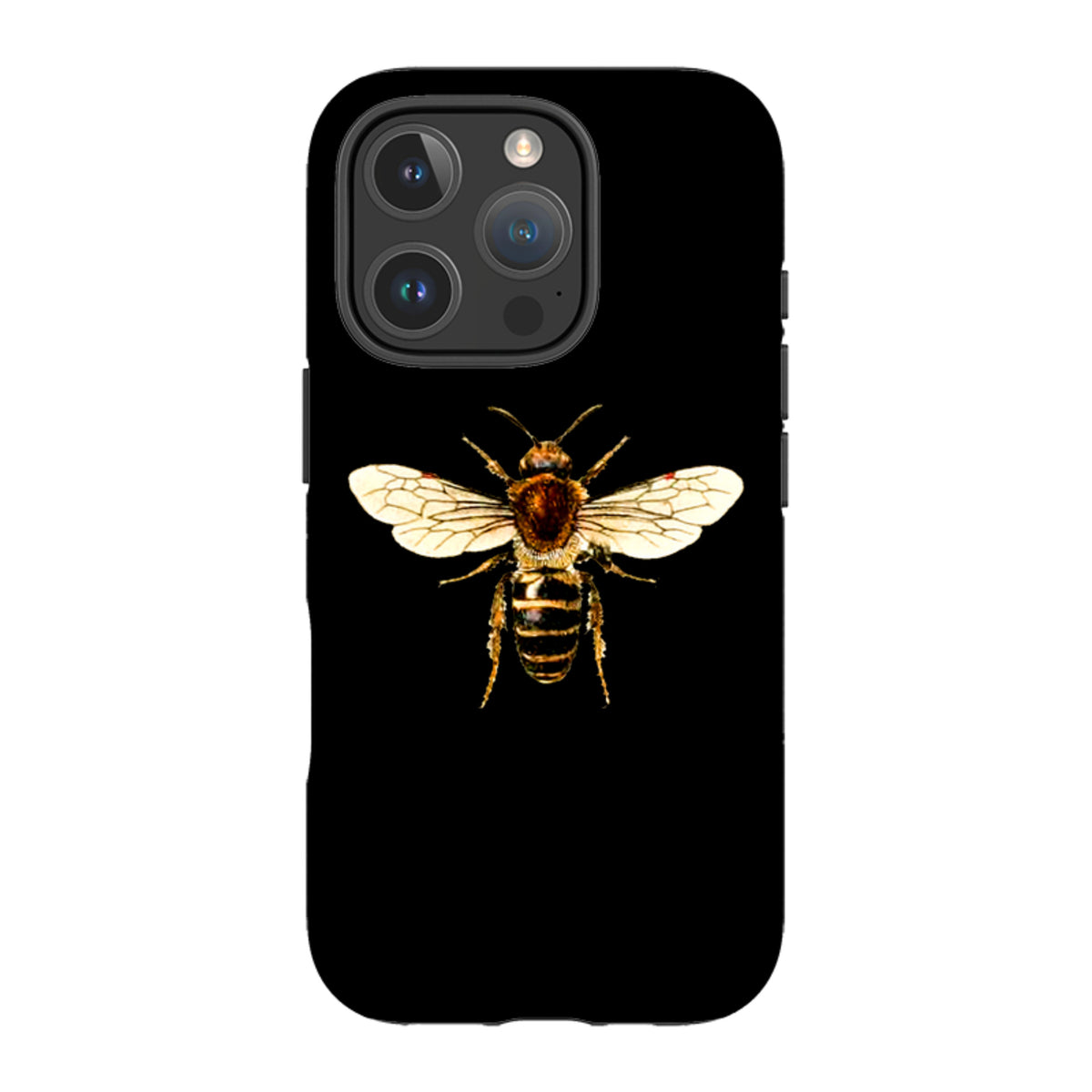 Black iPhone tough case featuring a detailed, high-definition honeybee illustration centered on the back.