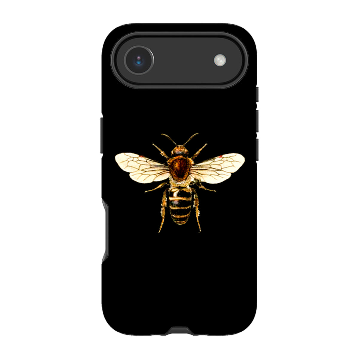 Black dual-layer iPhone tough case featuring a detailed, high-definition honeybee illustration on the back.