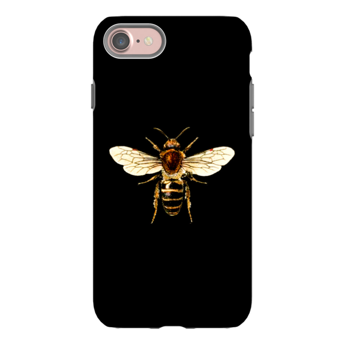 Black dual-layer iPhone tough case featuring a detailed, high-definition bee illustration centered on the back.