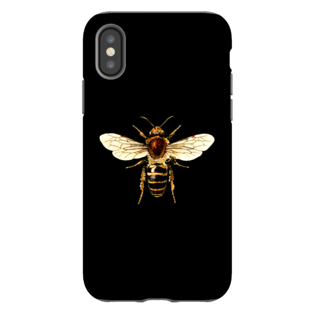 Black iPhone tough case featuring a detailed, high-definition honeybee illustration centered on the back.