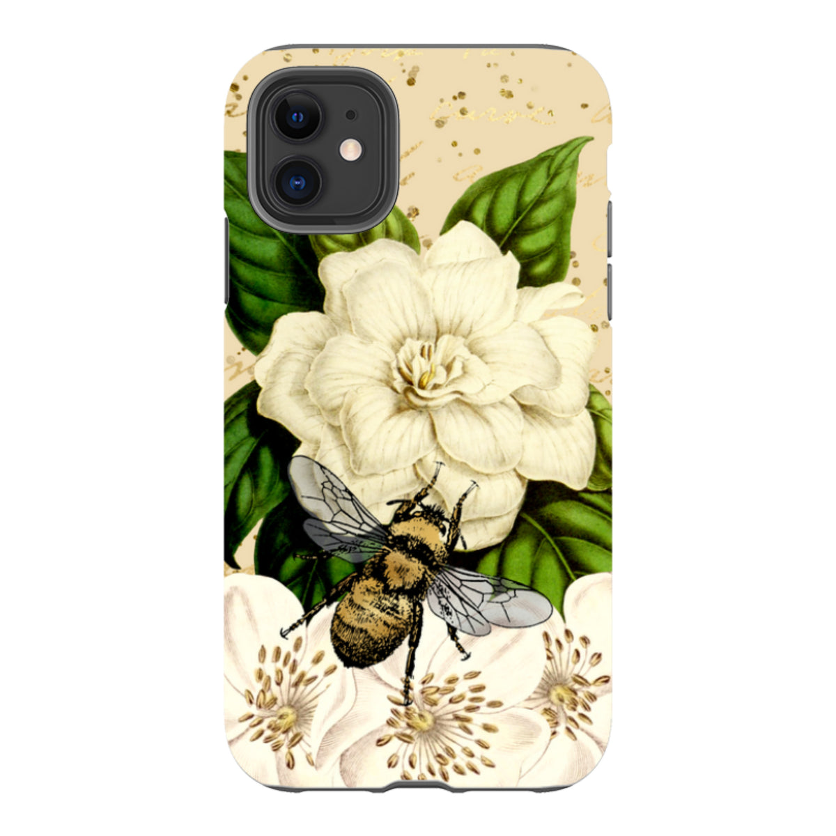 iPhone tough case featuring a detailed bumblebee and white floral artwork on a cream background with gold speckles.