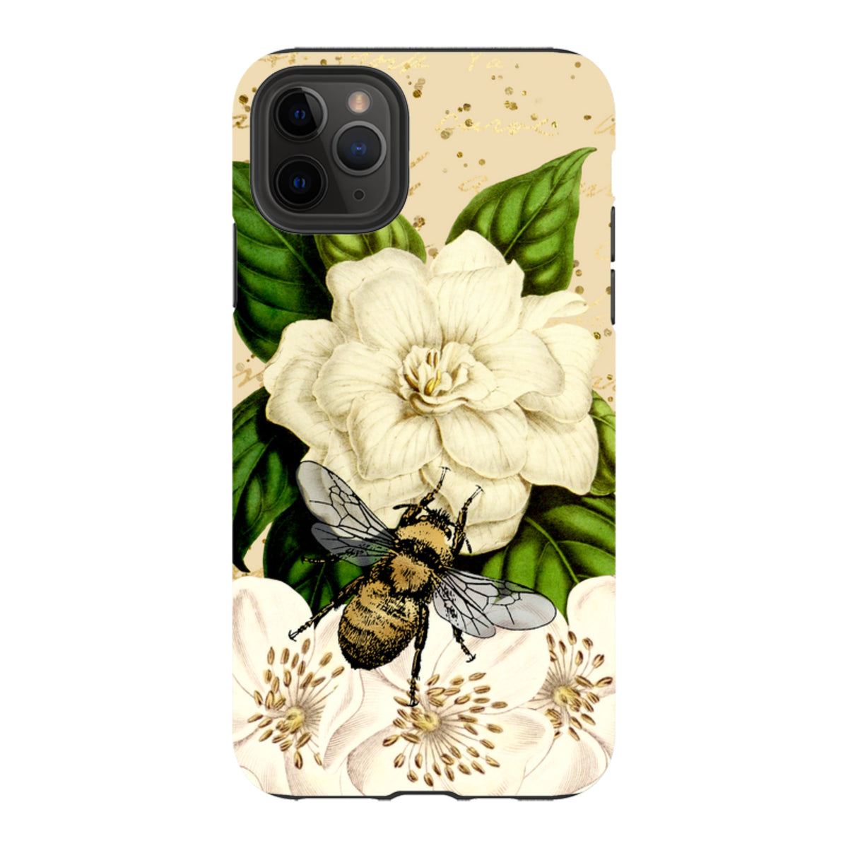 iPhone tough case featuring a detailed bumblebee, white flowers, and green leaves on a cream background with gold accents.