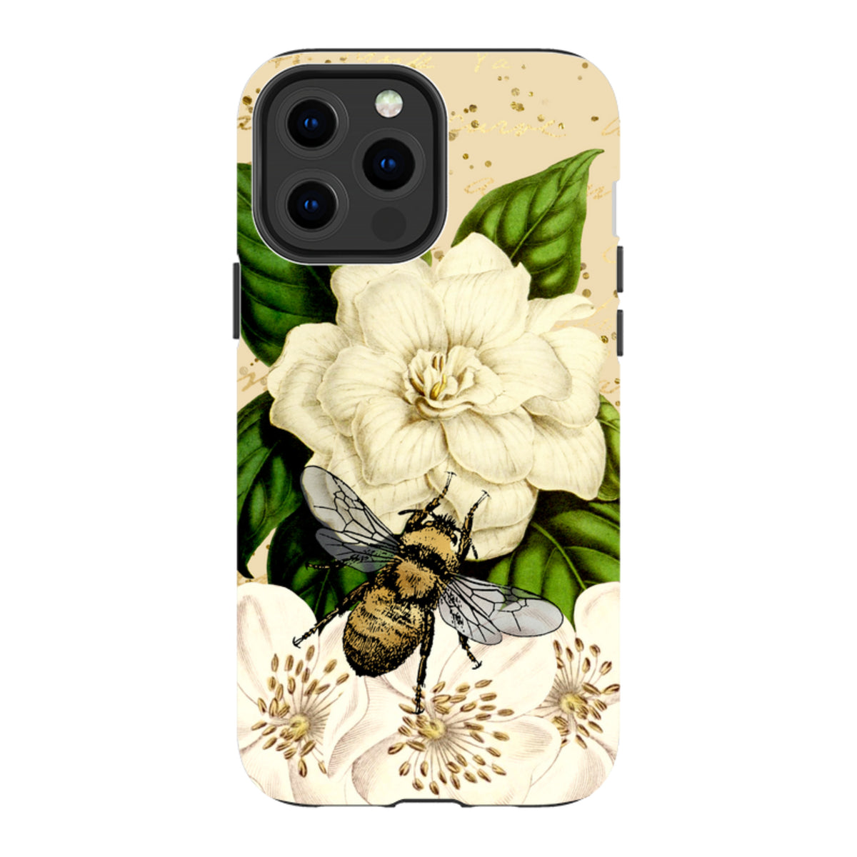 iPhone tough case featuring a detailed bumblebee and white floral artwork on a cream background with gold accents.