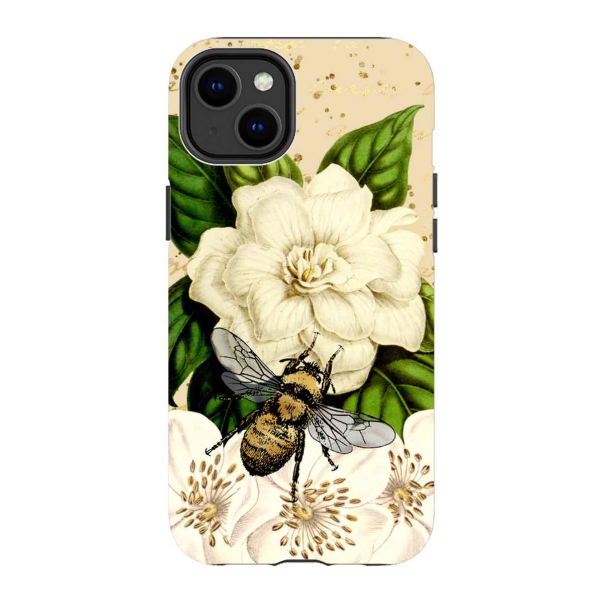 iPhone tough case featuring a detailed bee, white flowers, and green leaves on a cream background with gold accents.