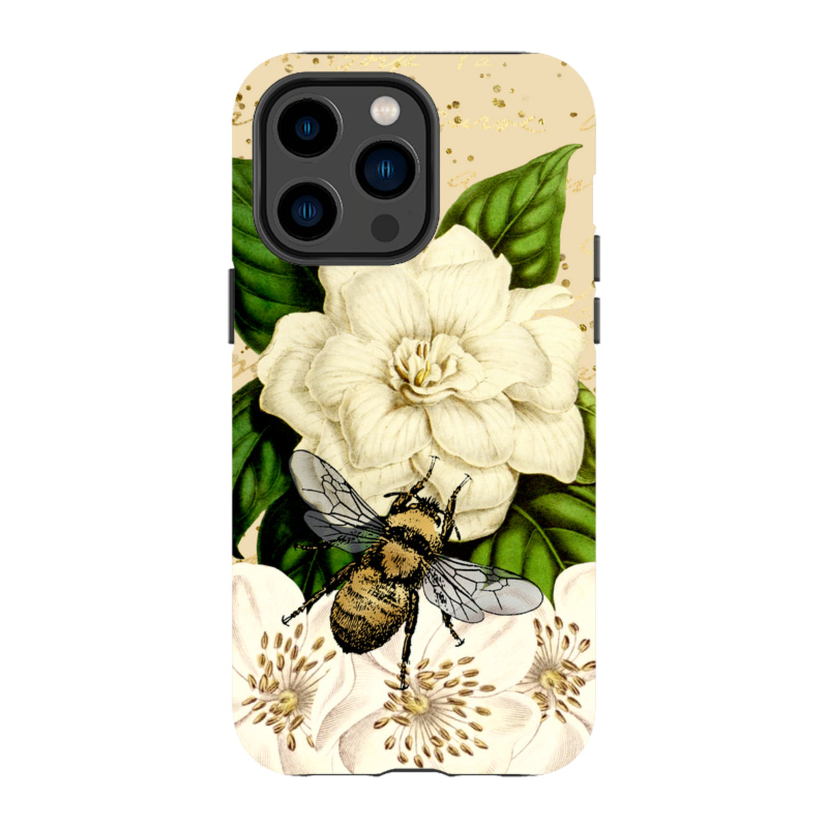 iPhone tough case featuring a detailed bee, white flowers, and green leaves on a cream background with gold accents.