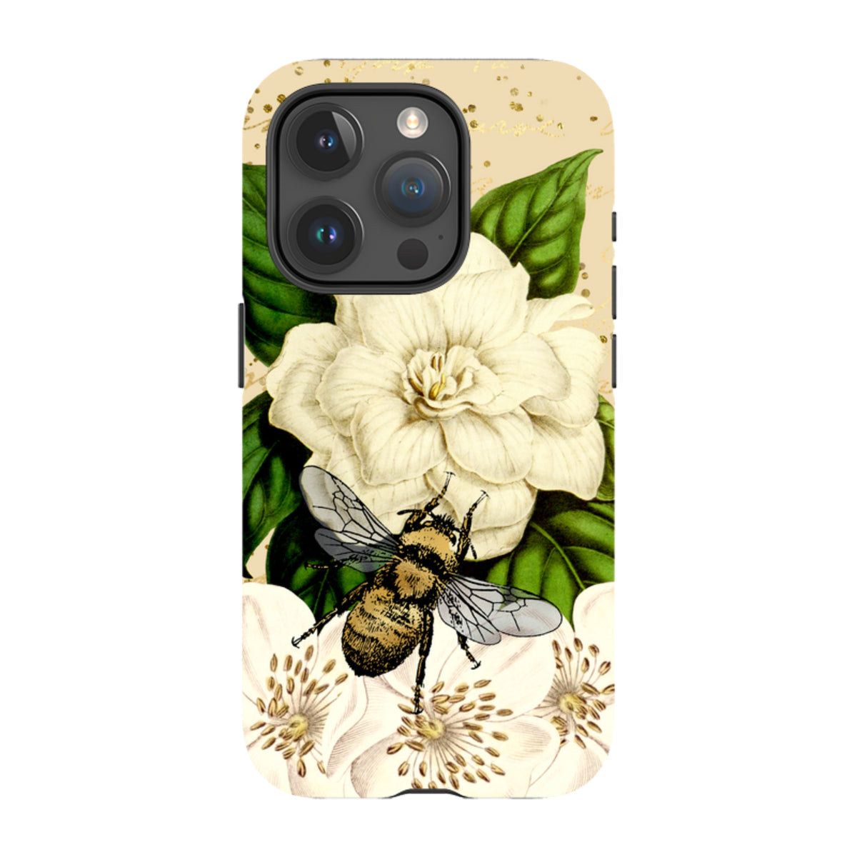 iPhone tough case featuring a detailed bee and white flower illustration on a cream background with gold accents.