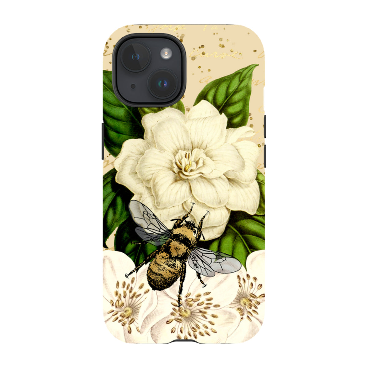 Dual-layer iPhone tough case featuring a detailed bee, white flowers, and green leaves on a gold-flecked beige background.