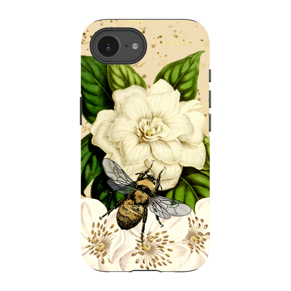 iPhone tough case featuring a detailed bumblebee and white floral artwork on a cream background with gold accents.