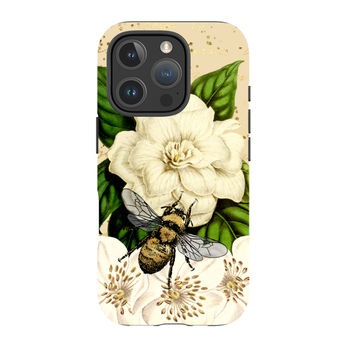 iPhone tough case featuring a detailed bee, white flowers, and green leaves on a cream background with gold accents.