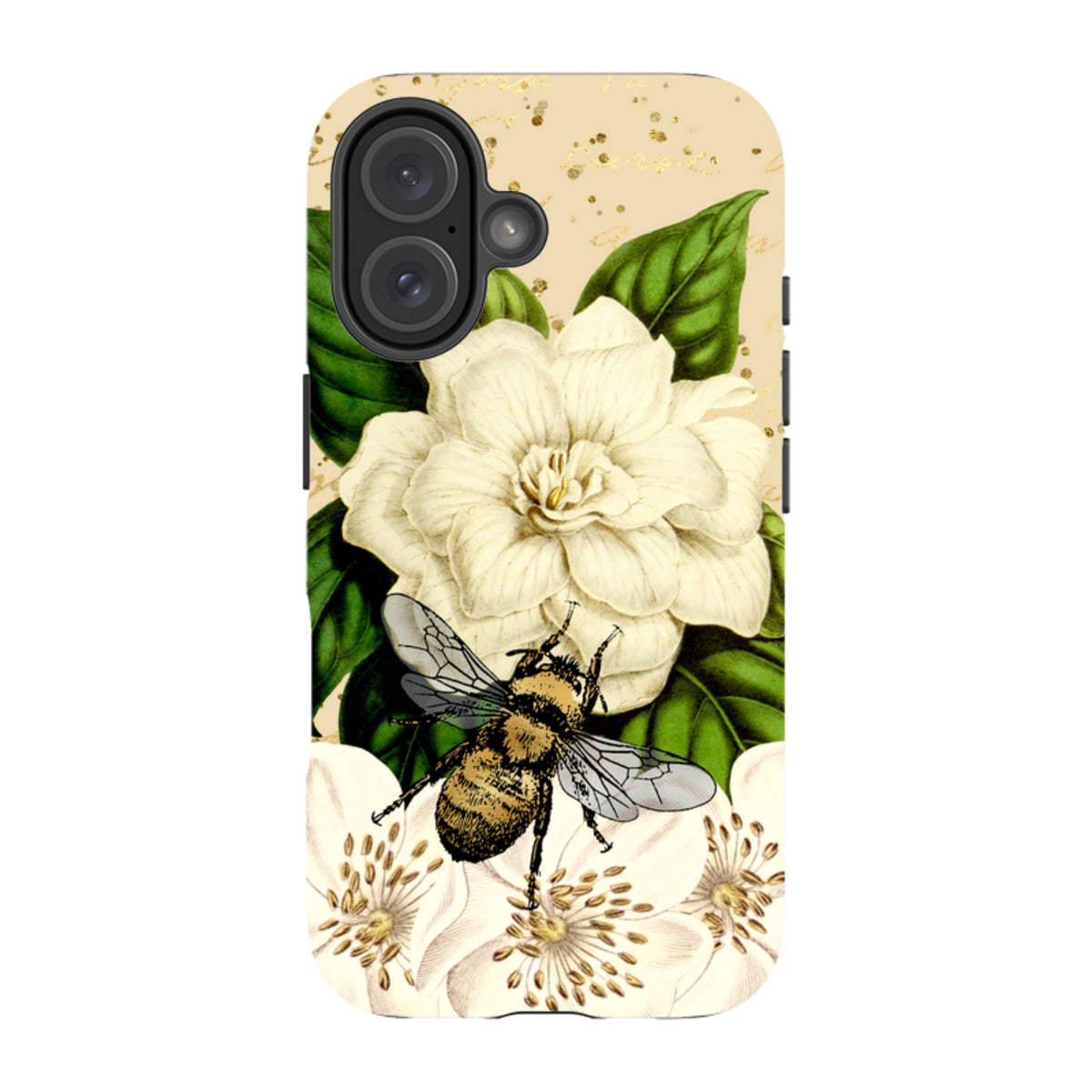 iPhone Tough Case featuring a detailed bee, white flowers, and green leaves on a cream background with gold accents.
