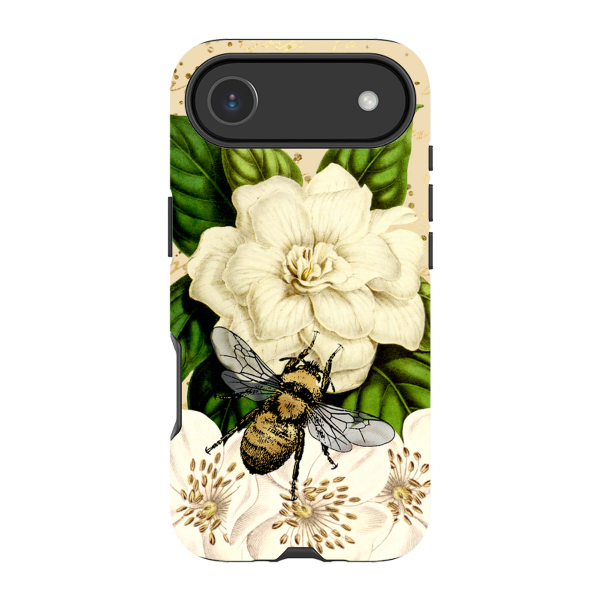iPhone tough case featuring a vintage bee and white flower illustration on a beige background with dual-layer protection.