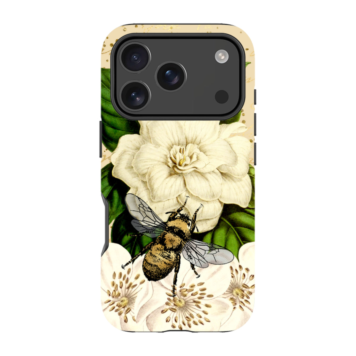 iPhone tough case featuring a detailed bee and white flower illustration on a cream background with dual-layer protection.