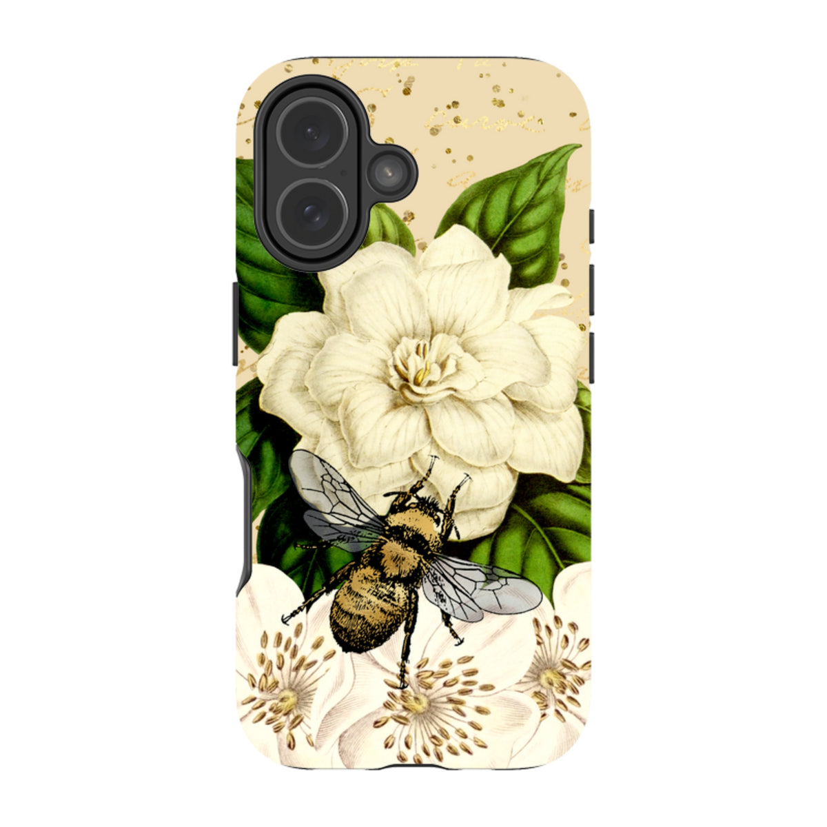 Dual-layer iPhone case featuring a detailed bee, white flowers, and green leaves on a cream background with gold accents.
