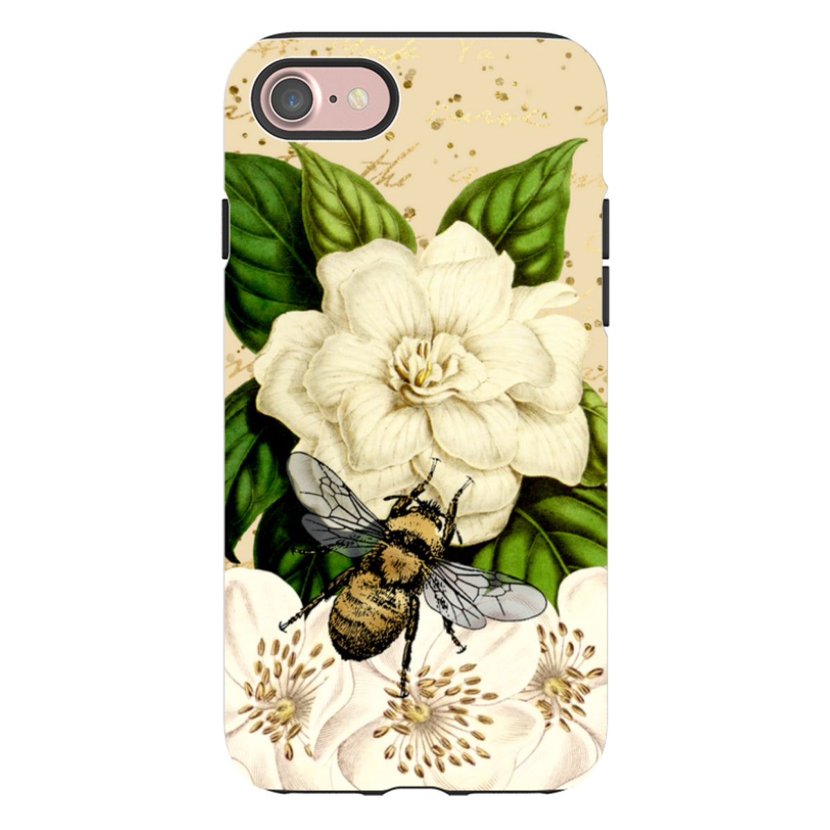 Dual-layer iPhone tough case featuring a bee and white floral design on a gold-speckled background with raised edges.