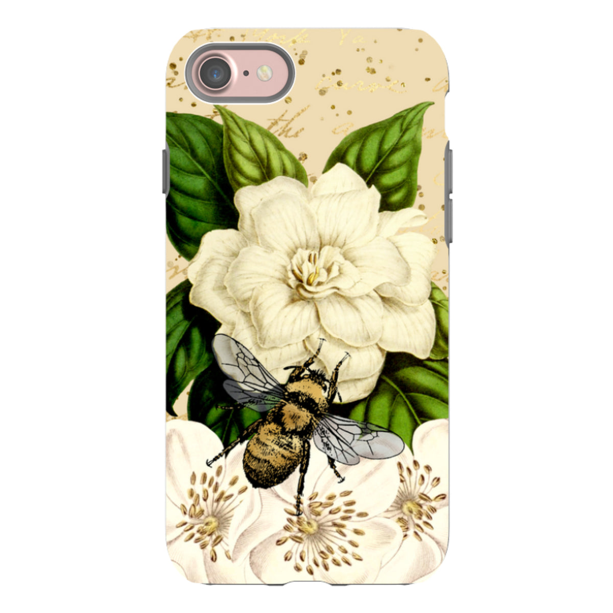 iPhone tough case featuring a detailed bee, white flowers, and green leaves on a cream background with gold accents.