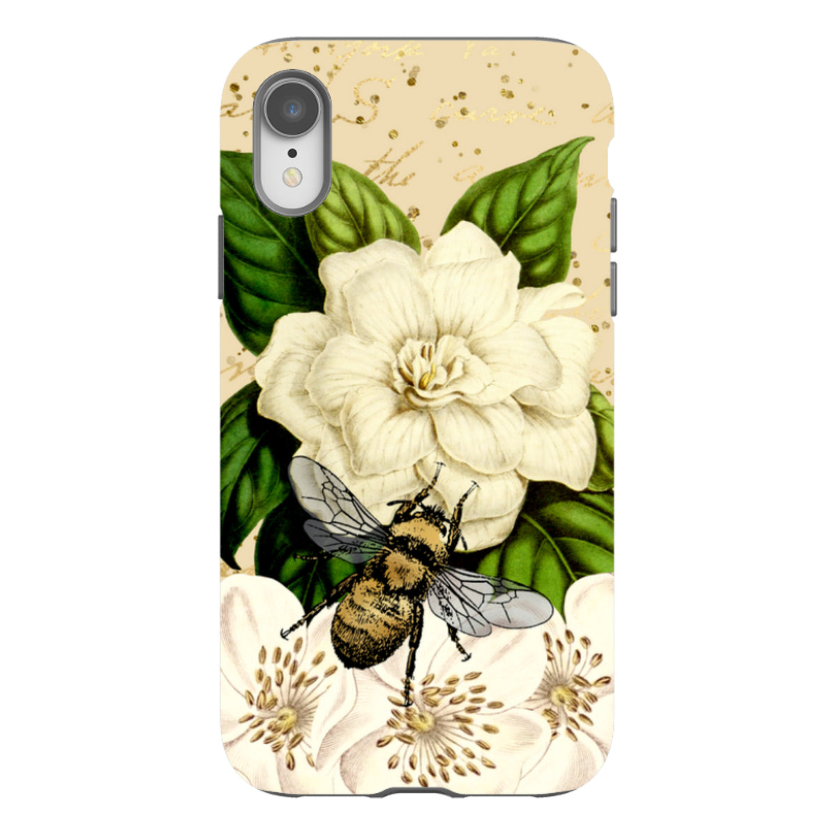 Dual-layer iPhone tough case featuring a detailed bee, white flowers, and green leaves on a gold-flecked beige background.