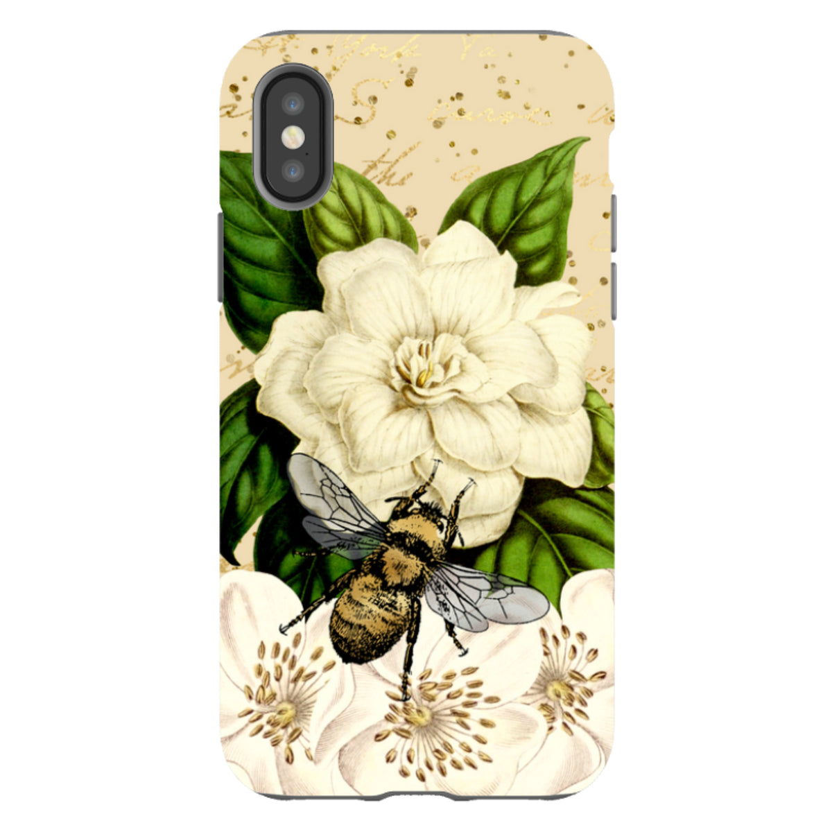 iPhone tough case featuring a detailed bee, white flowers, and green leaves on a cream background with gold accents.