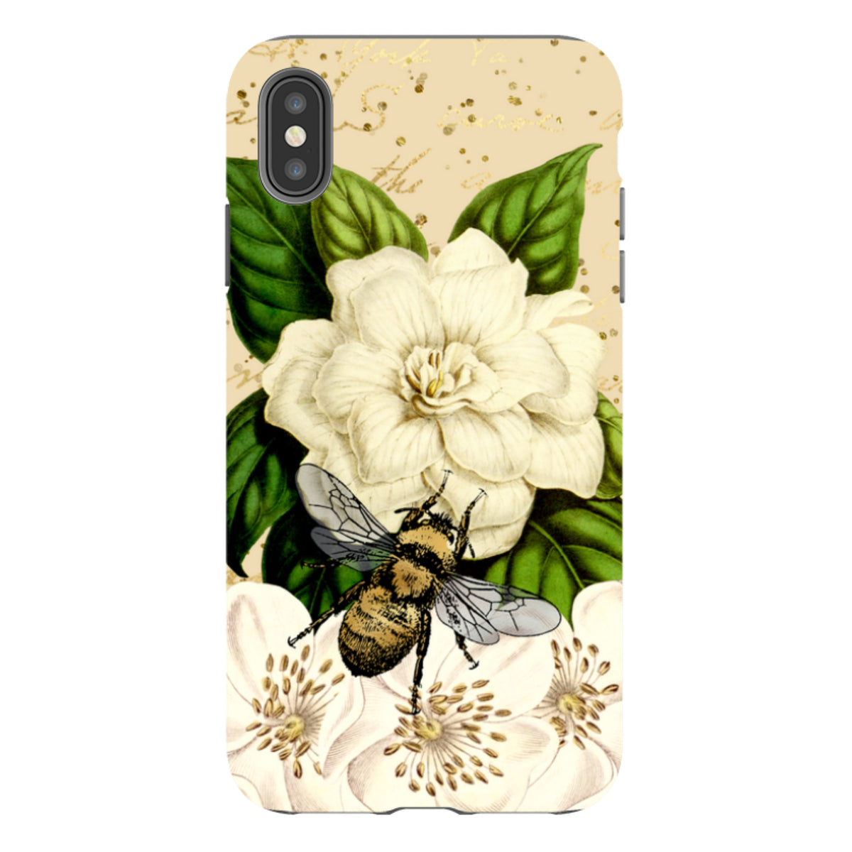 iPhone tough case featuring a detailed bee, white flowers, and green leaves on a cream background with gold accents.