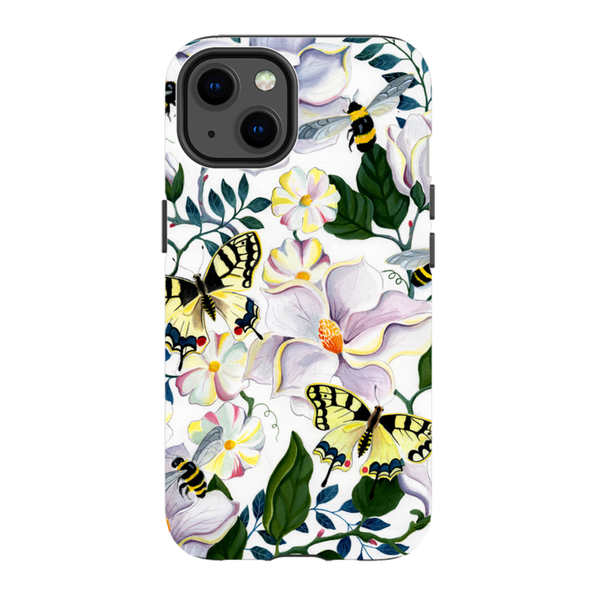 iPhone tough case featuring a white background with watercolor bees, yellow butterflies, and magnolia flowers.