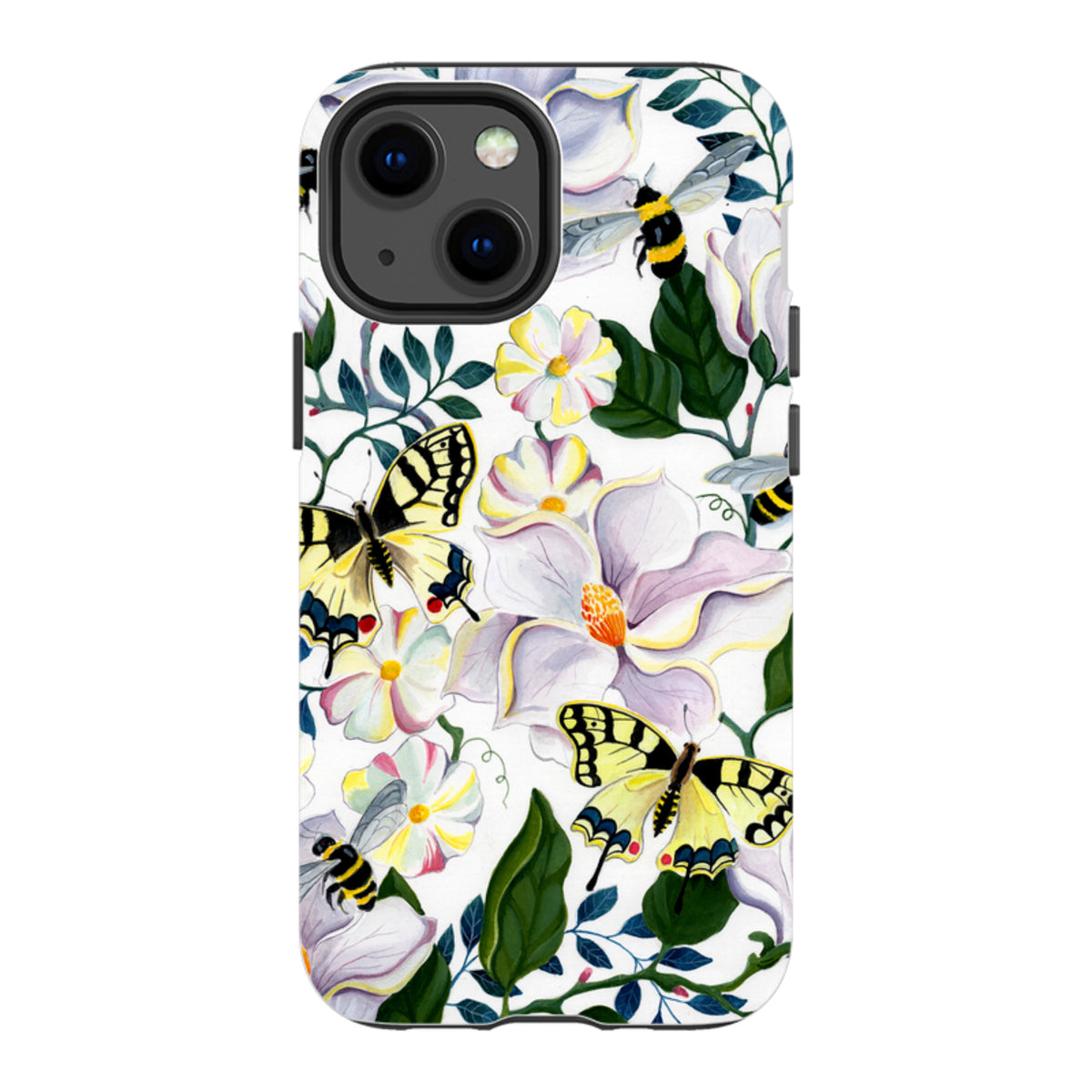 iPhone tough case featuring a white background with yellow butterflies, bumblebees, and pink magnolia flowers.