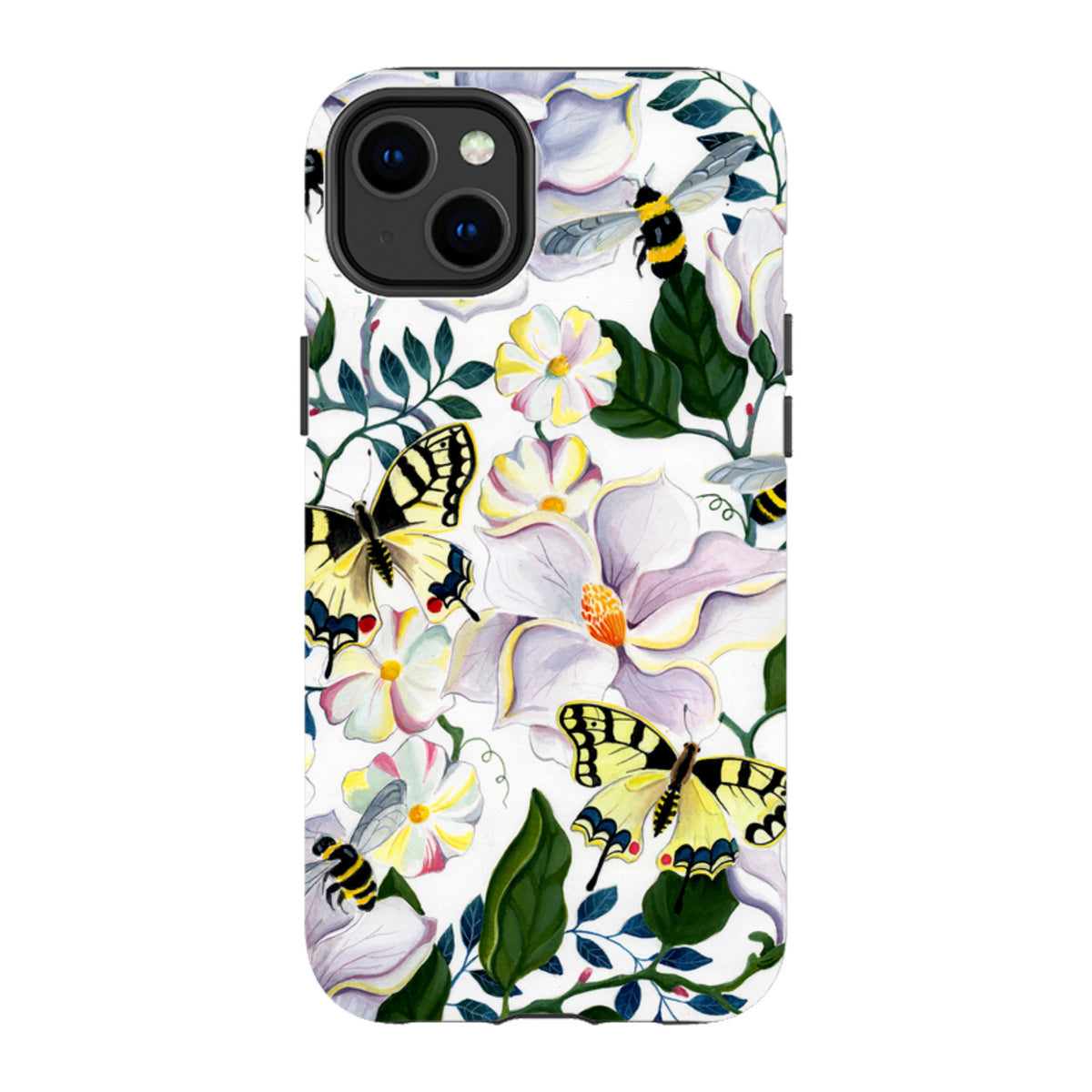 iPhone tough case featuring a white background with yellow butterflies, bumblebees, and pale magnolia flowers.